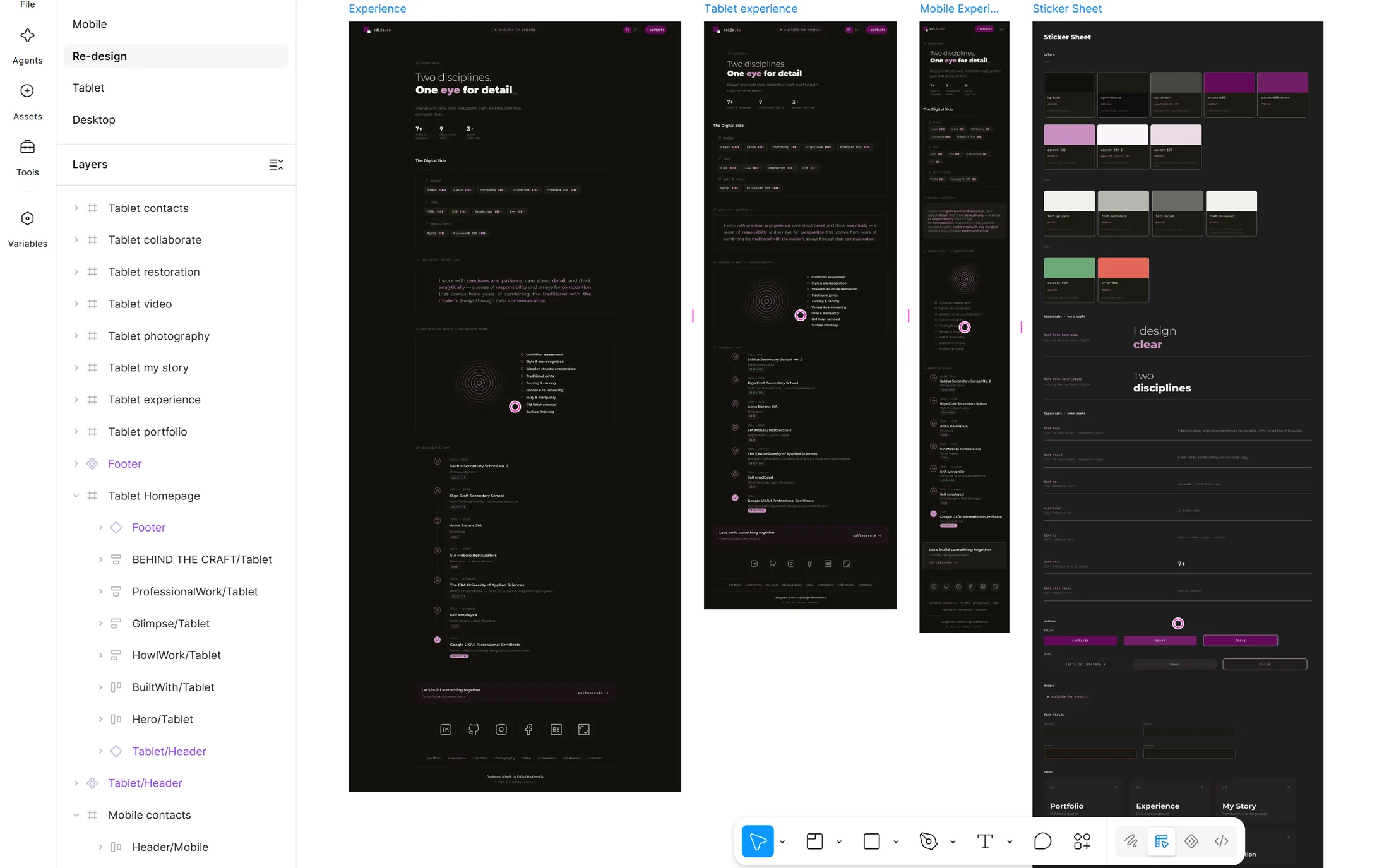The edijs.eu Figma file: one page drawn at three widths side by side, a style sheet to the right with colour tokens, the type scale and button states, and the layers panel on the left with named frames