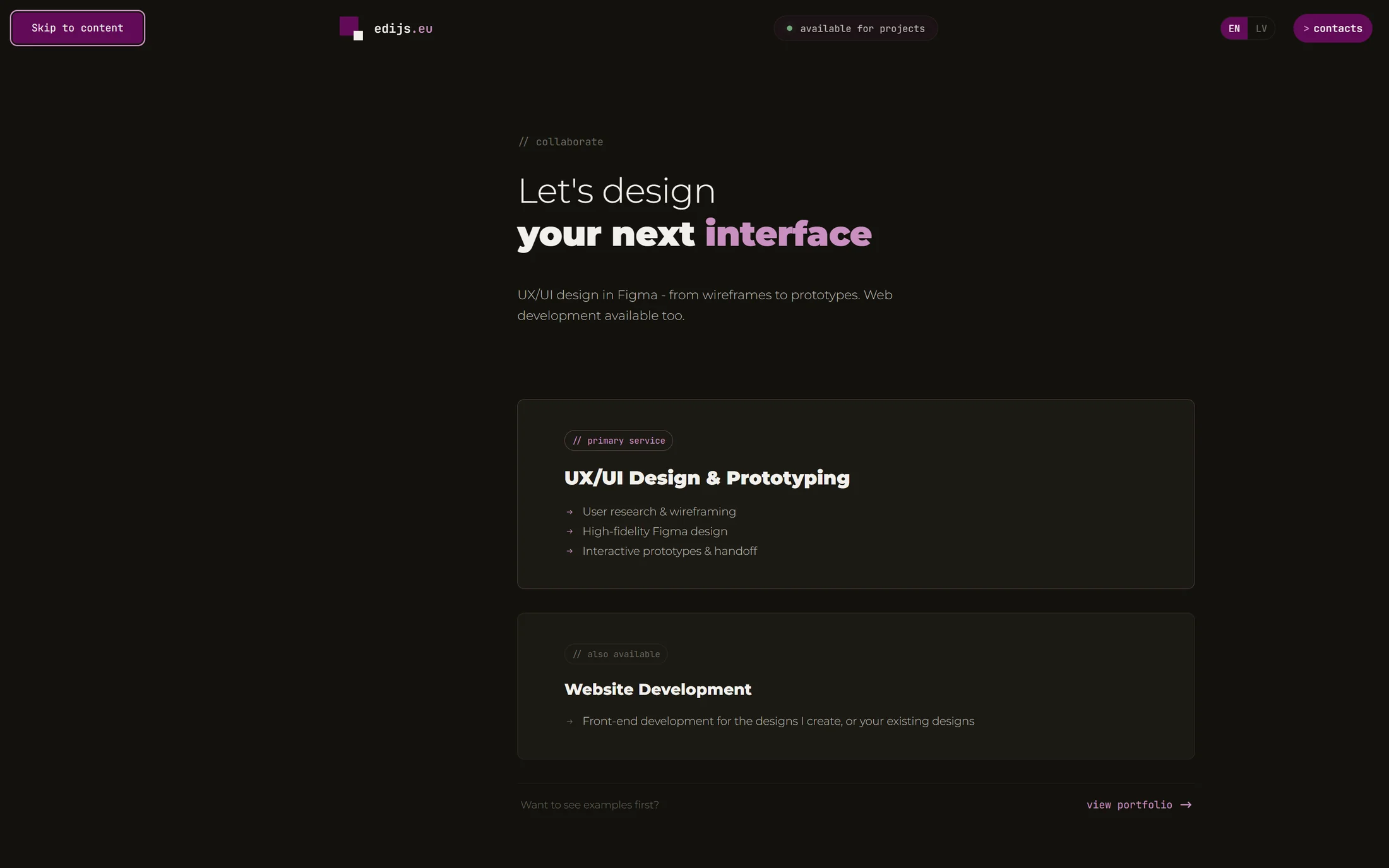 The top of the site with keyboard focus on the first link: a purple "Skip to content" link in the upper left corner, a light focus ring around it, and the page header behind