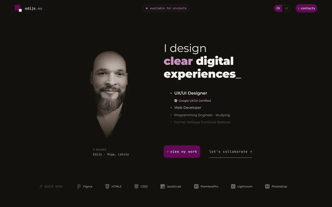 The rebuilt edijs.eu home page: a portrait on the left, the heading 'I design clear digital experiences', a list of roles, two action buttons and a tool strip at the foot