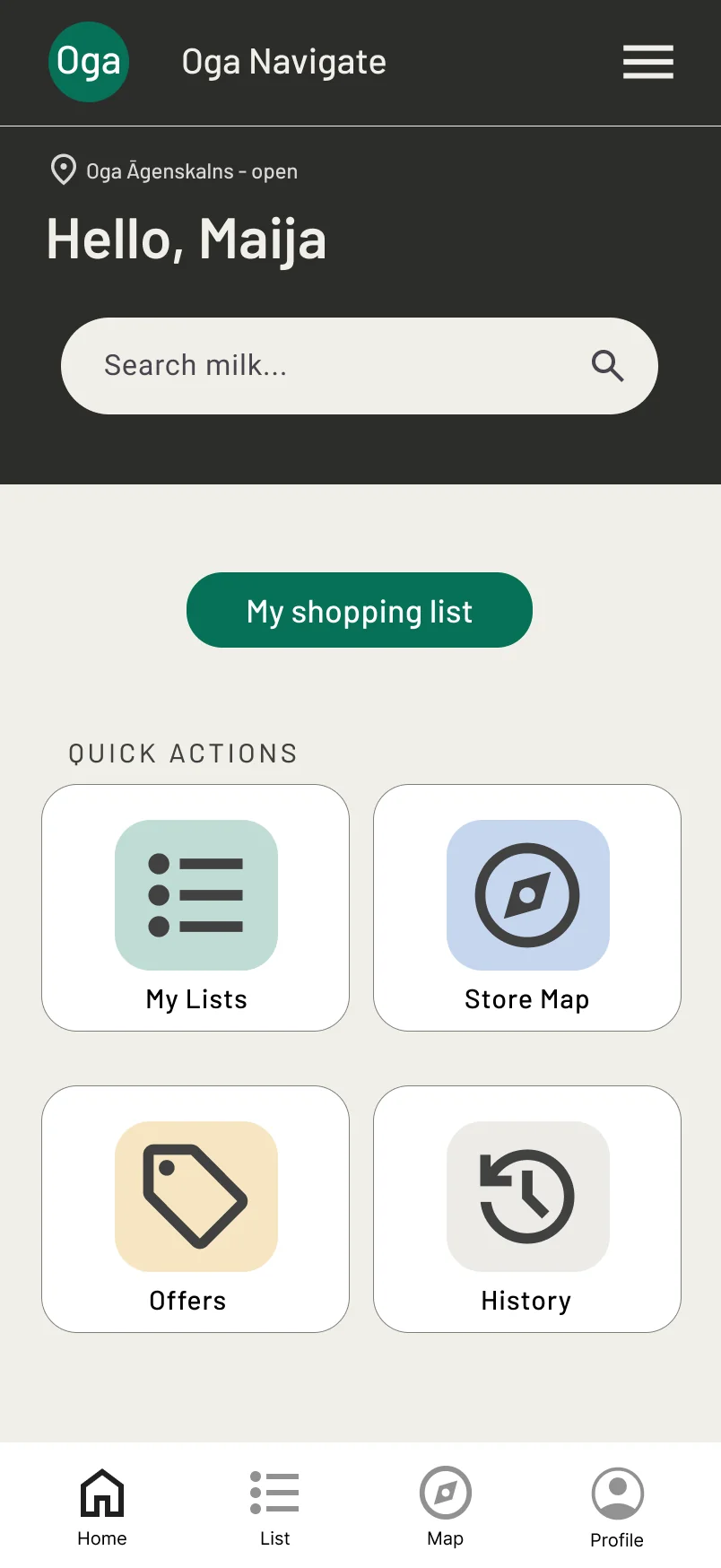 The Oga home screen: a greeting, a product search field, a button to the shopping list and four action tiles