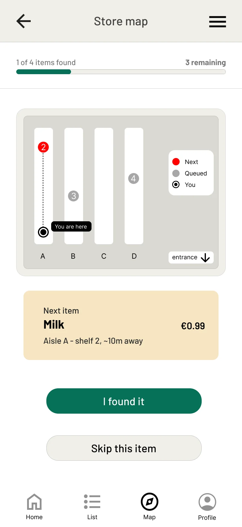 The store map screen: aisles drawn as blocks, the shopper's position marked, and a card naming the next item