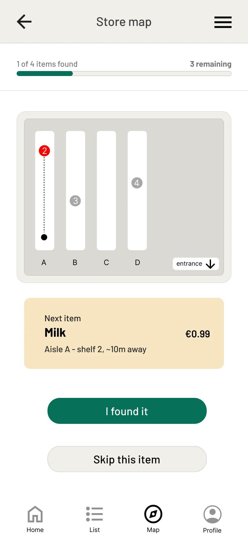 The store map before the study: the shopper's position is a dark dot with no text beside it