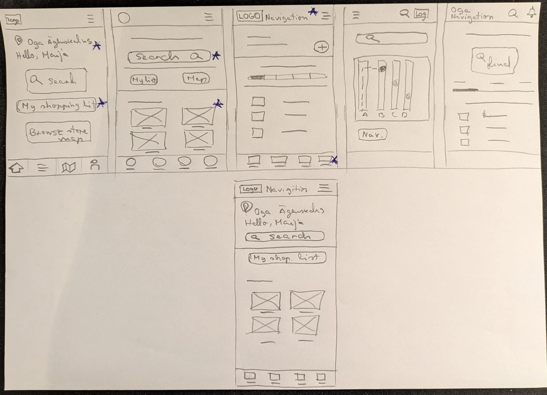 A sheet of paper with five hand-drawn versions of the home screen in a row and a sixth refined version below, with stars marking selected elements