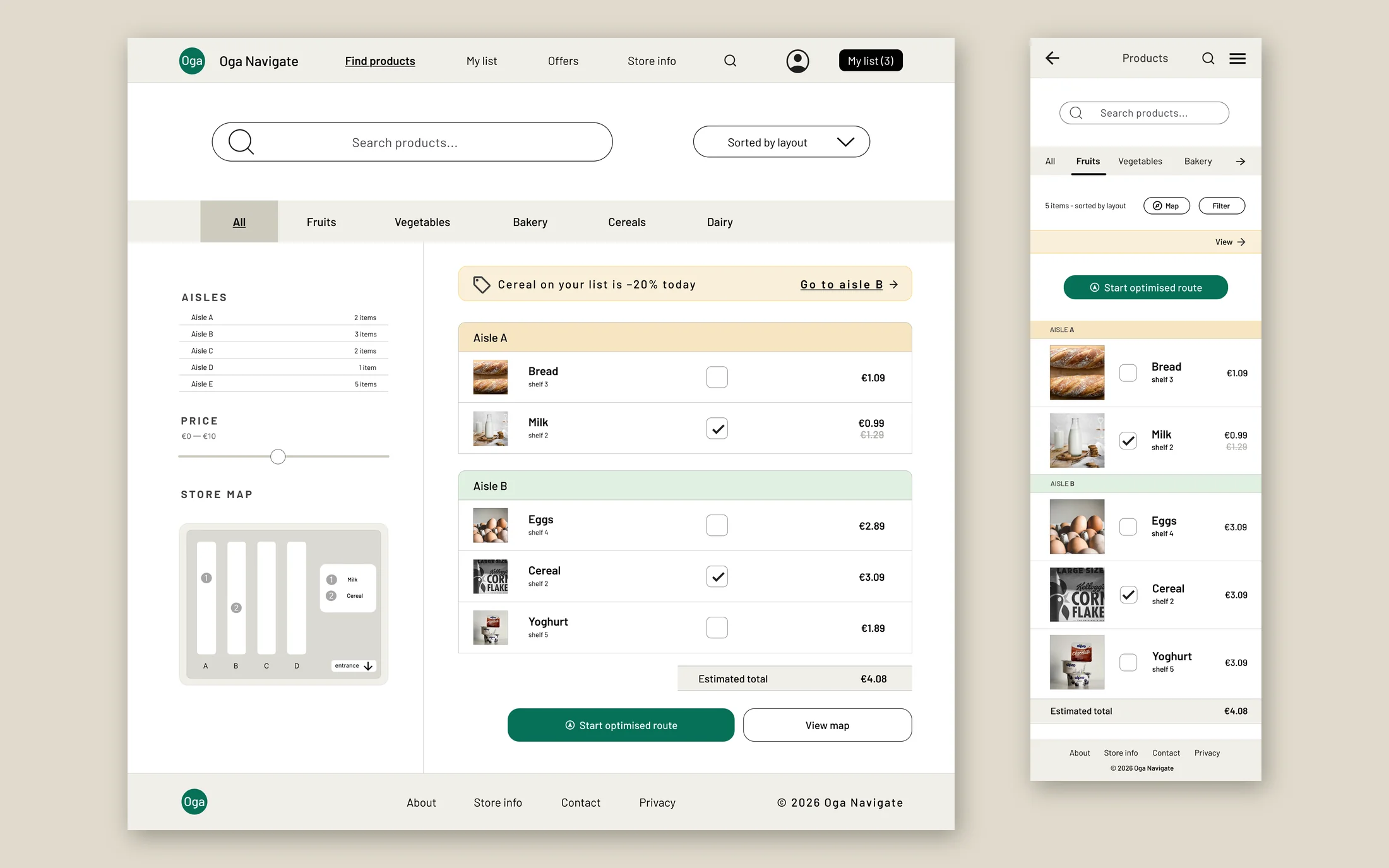 The same product list screen at two widths side by side: on desktop the filters and store map on the left and the list on the right, on mobile everything in one column