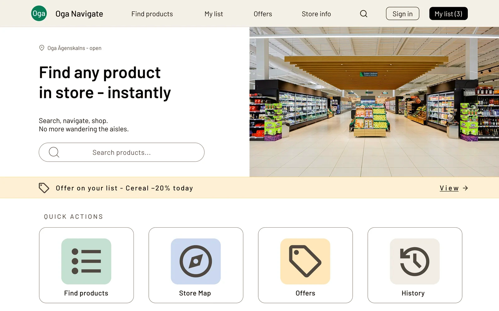 Oga Navigate home page at desktop width: on the left the headline, the product search field and the name of the open store, on the right a photo of the store floor, and below them the offer strip and four quick action cards