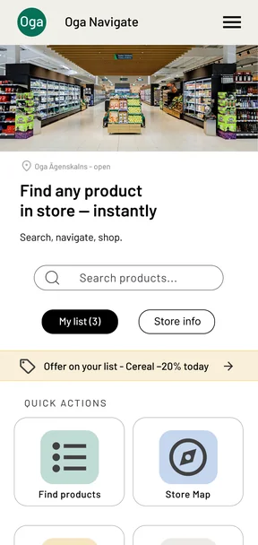 Oga Navigate home page at mobile width: the logo and a menu button at the top, a photo of the store floor below it, then the headline, the product search field and two buttons, with the offer strip and the quick action cards below