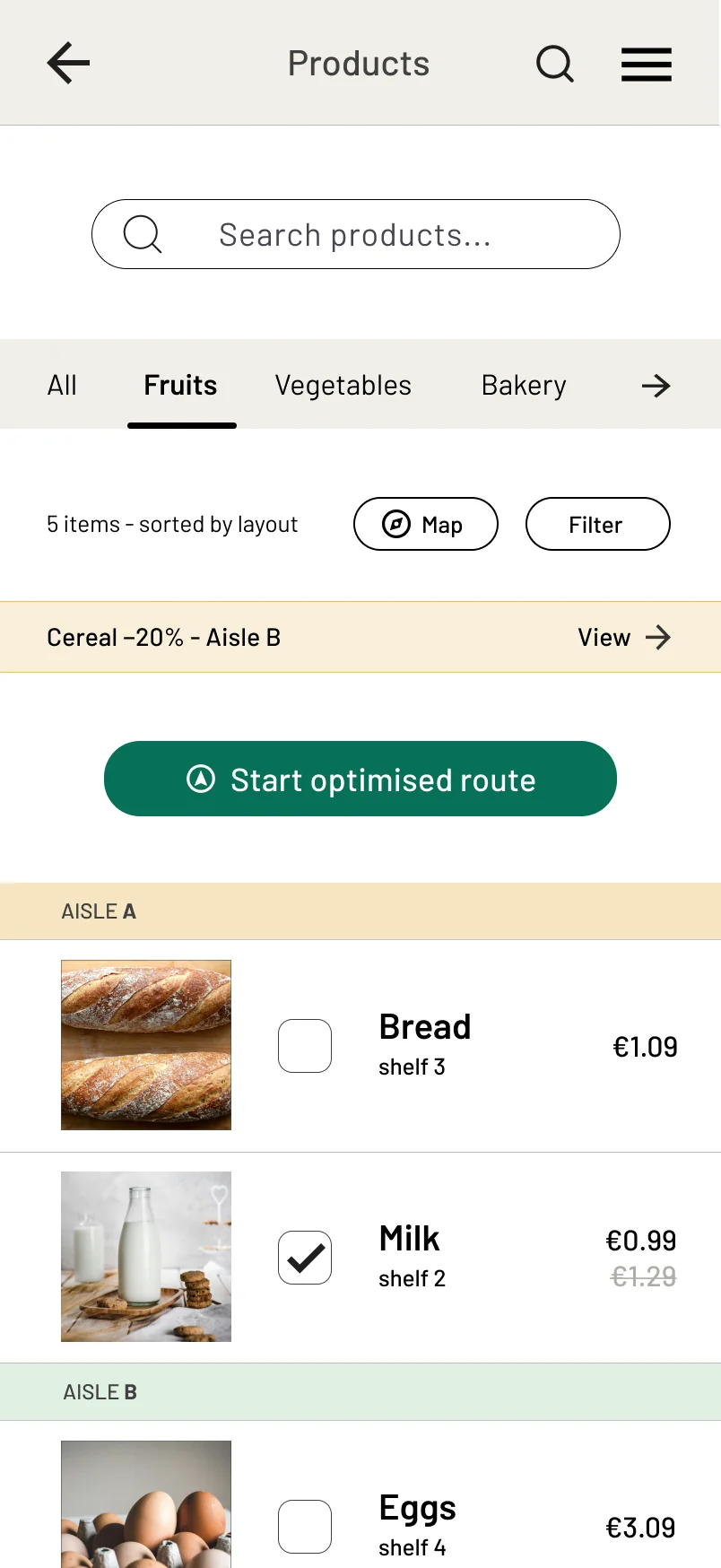 The same screen after the study: the route button sits above the list, directly below the offer strip