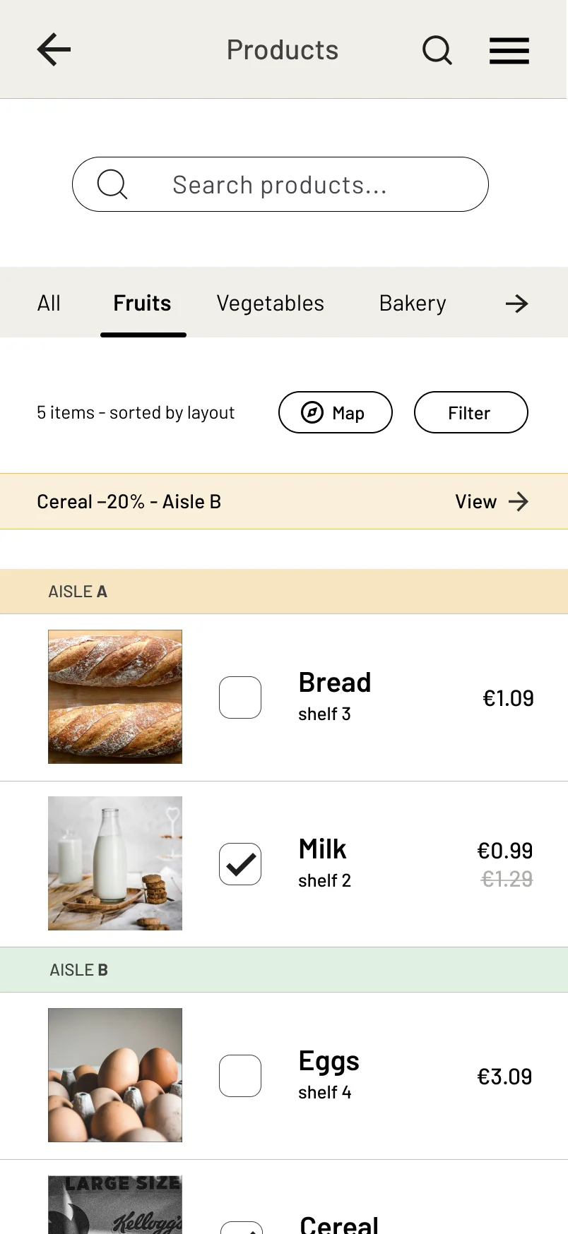 The shopping list screen on mobile before the study: the route button sits below the total, at the very end of the list