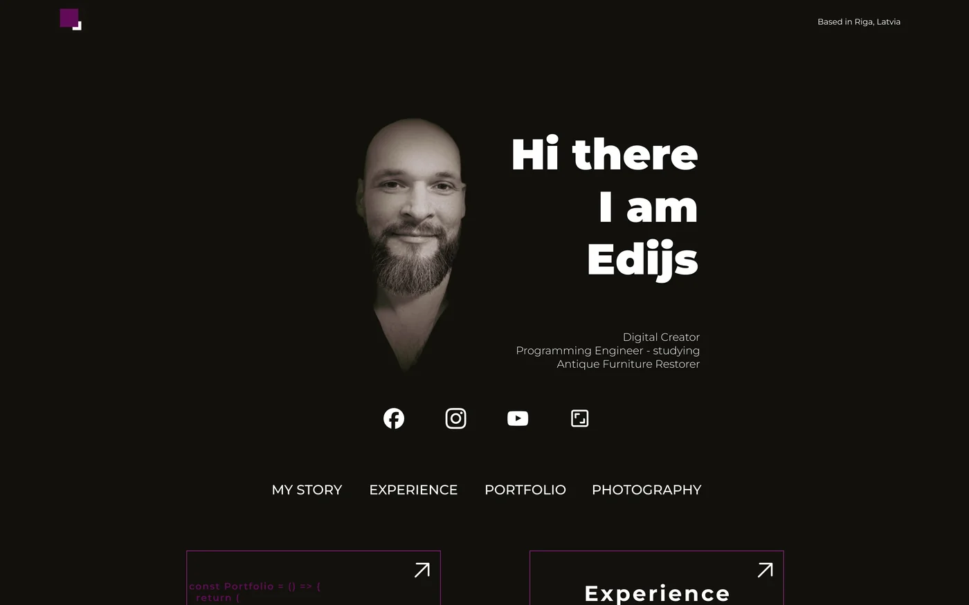 The previous version of the edijs.eu home page: a portrait in the centre, the heading 'Hi there I am Edijs', social icons and four navigation links below it