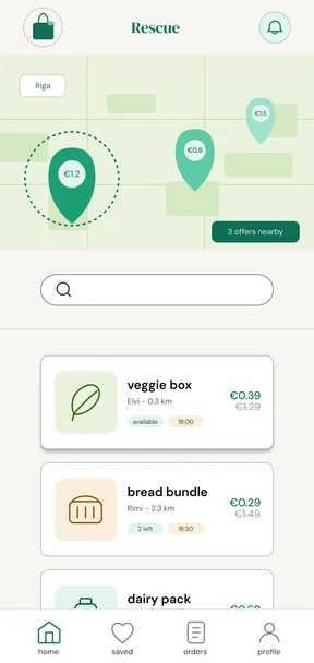 The app home screen: a map with three offer pins and prices, a search field, a list showing the store, the distance and the old and new price, and four tabs at the bottom