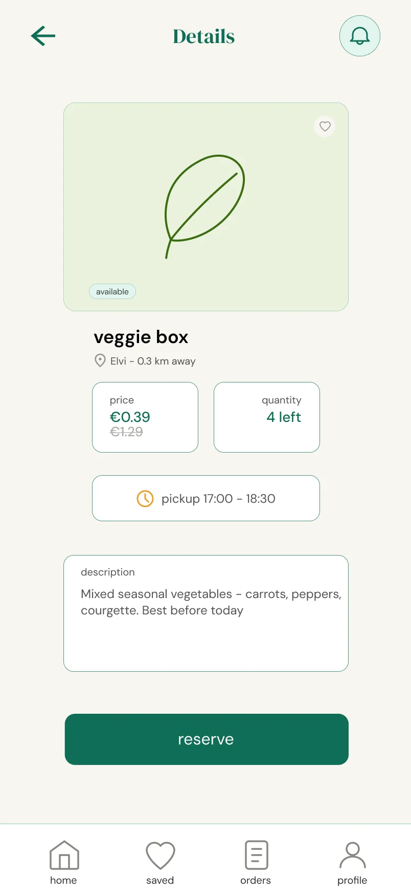 The same product screen as a finished mockup: the photo with an availability tag, the name, the store and distance, the old and new price, the remaining quantity, the pickup window and a green reserve button