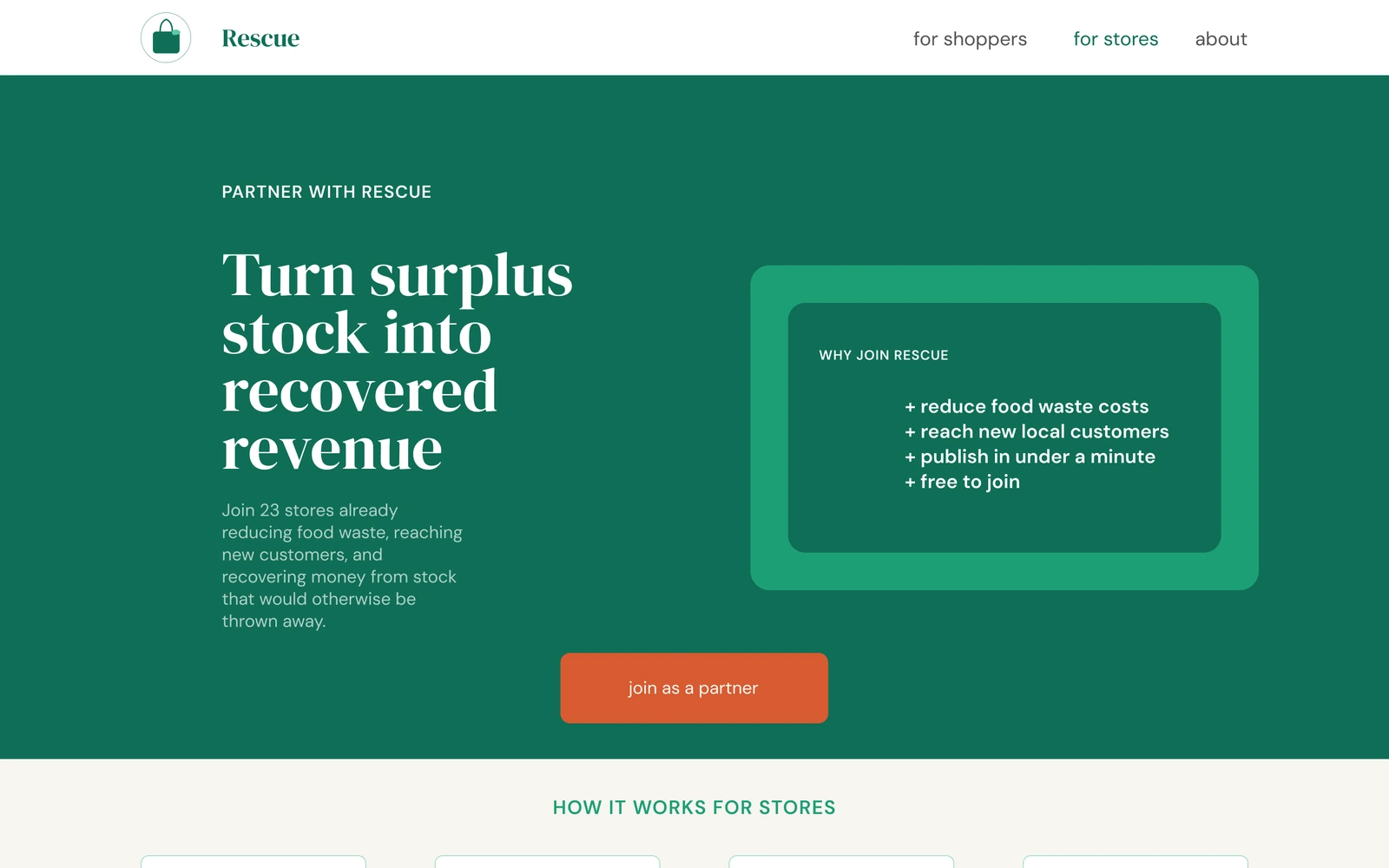 The Rescue home page at desktop width: a map of nearby offers, the headline, and the four steps of how it works