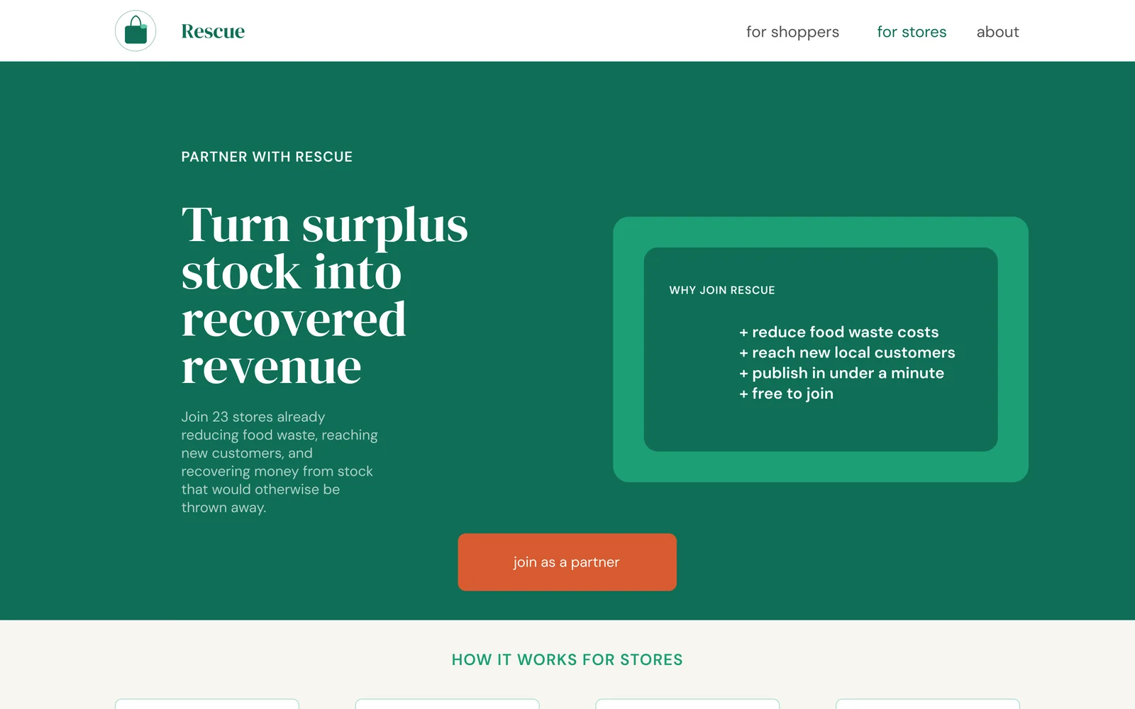 The same site, the page for stores: a headline about surplus as recovered revenue, a list of benefits and a button to sign up