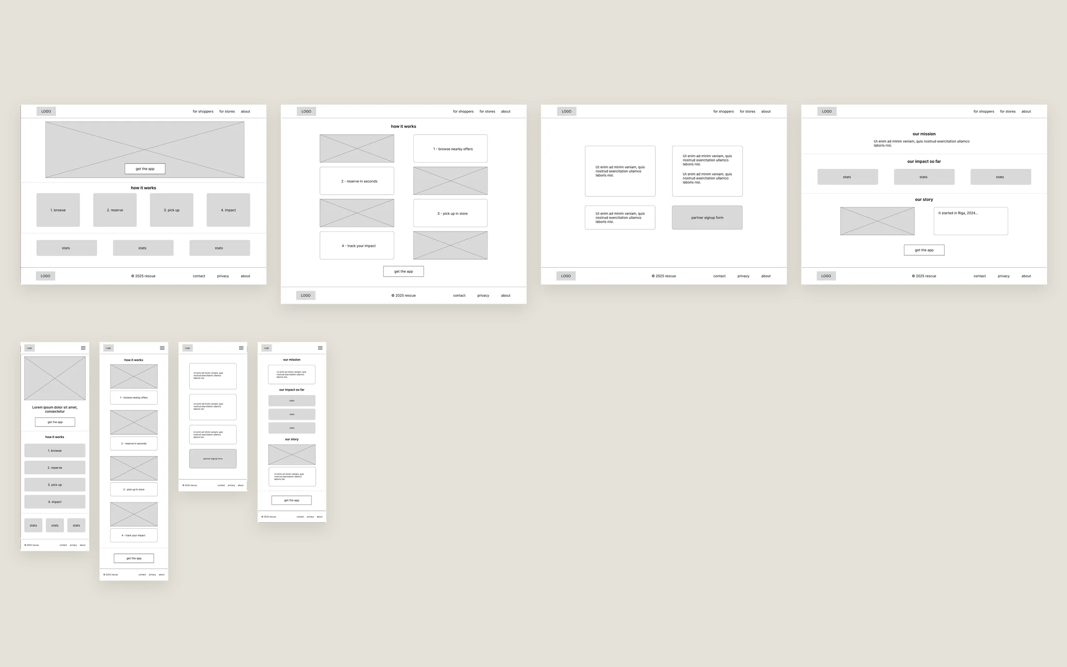 Wireframes of the site: four pages in the wide variant on top and the same pages in the narrow variant below, with the menu behind a button