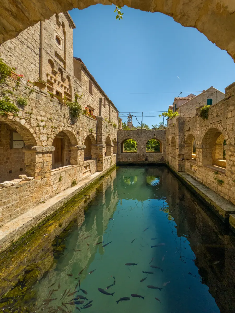 The fish pond at Tvrdalj Castle in Stari Grad: arcaded stone walls around still green water with grey mullet swimming below