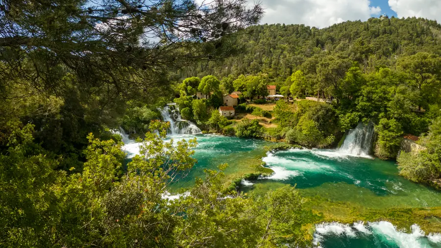 Terraced falls at Krka national park seen through pine branches: turquoise pools stepping down between wooded banks, with stone houses above
