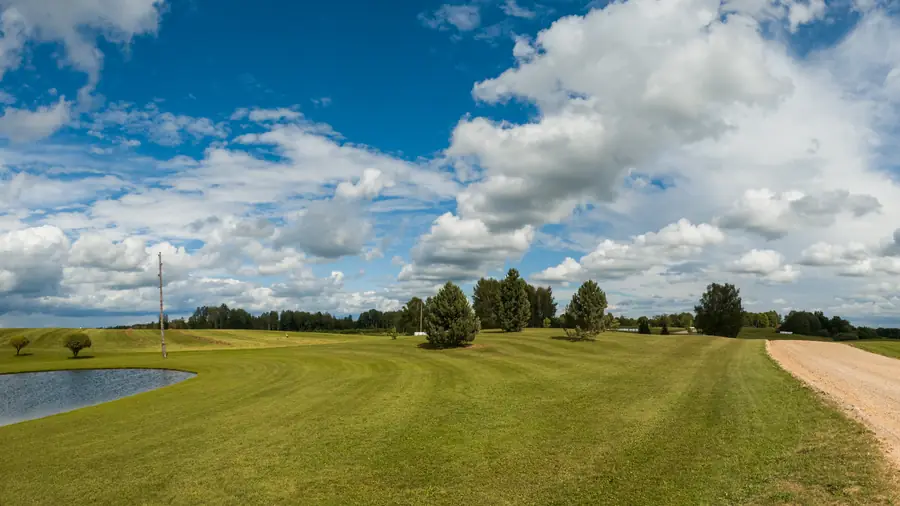 Cumulus over mown Latvian farmland: a small pond at the left edge, a line of conifers on the ridge and a gravel track running off to the right
