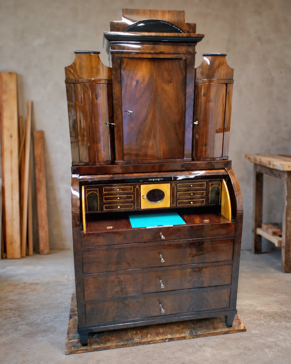 The same secretary after restoration, shellac polished with the legs remade