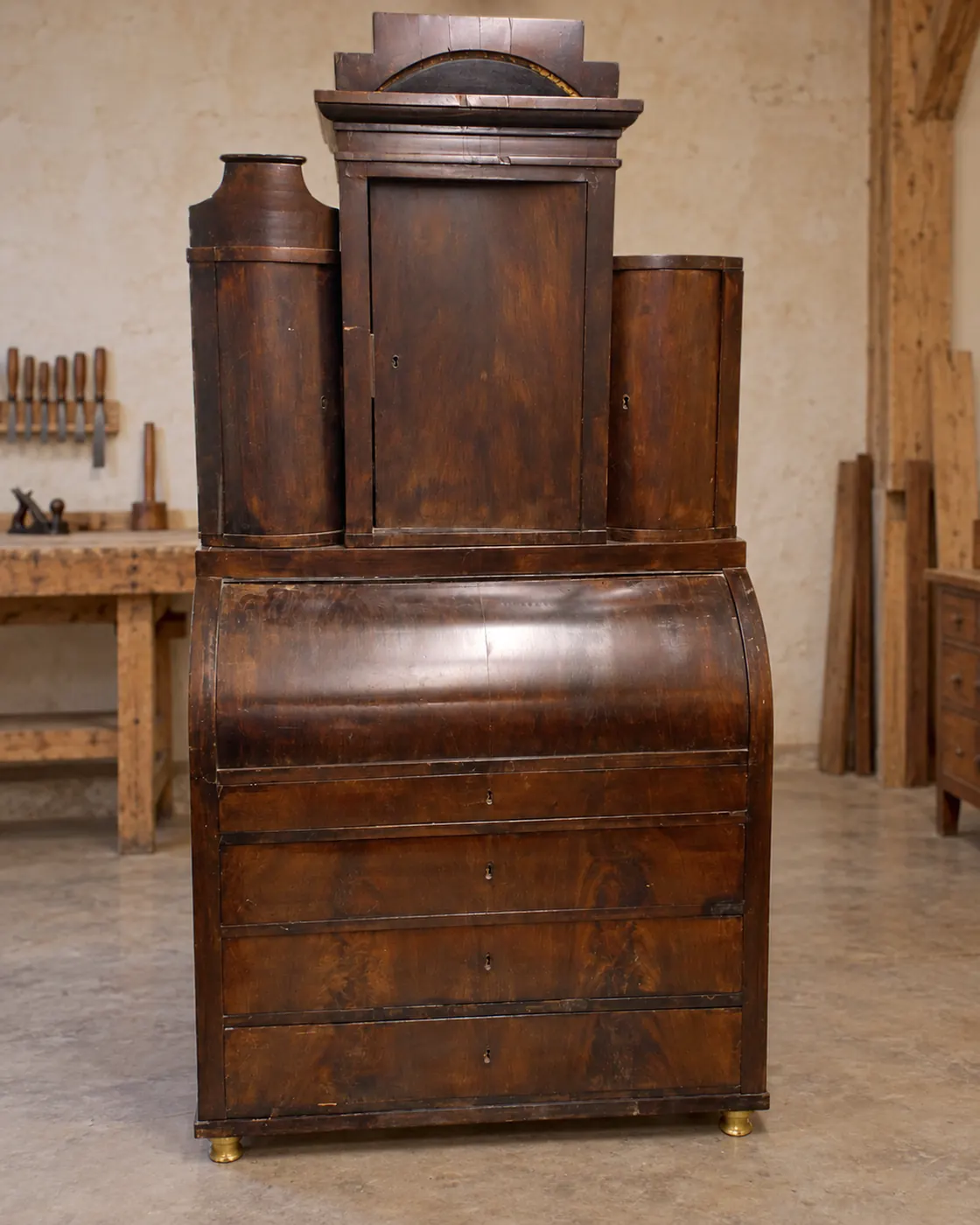 Biedermeier cylinder secretary before restoration, still in its old finish