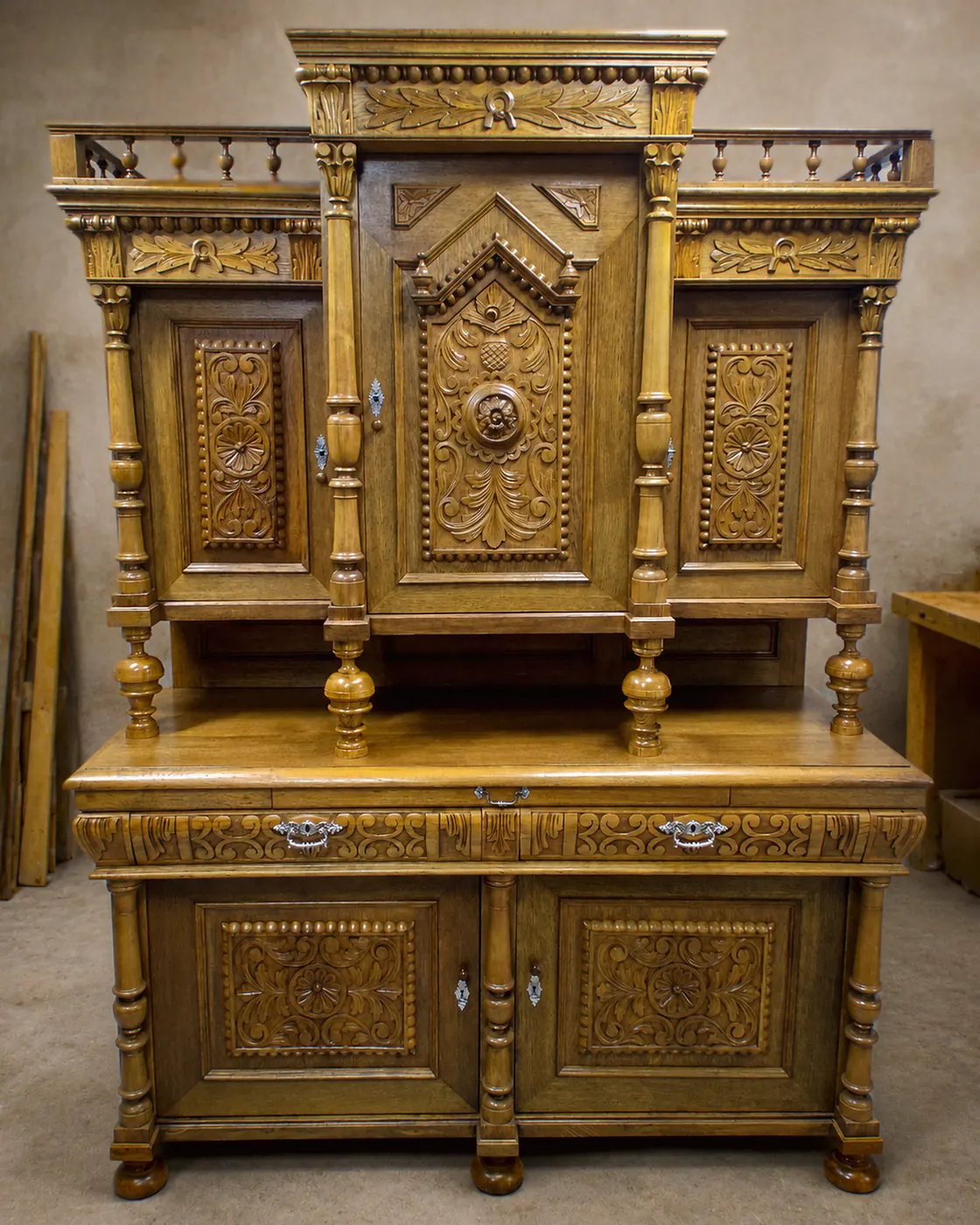 The same buffet reassembled and finished in hand-applied shellac