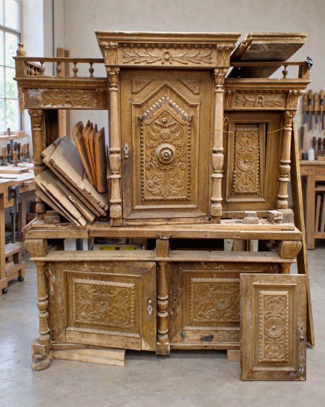 Neo-Renaissance oak buffet dismantled in the workshop, stripped to bare oak