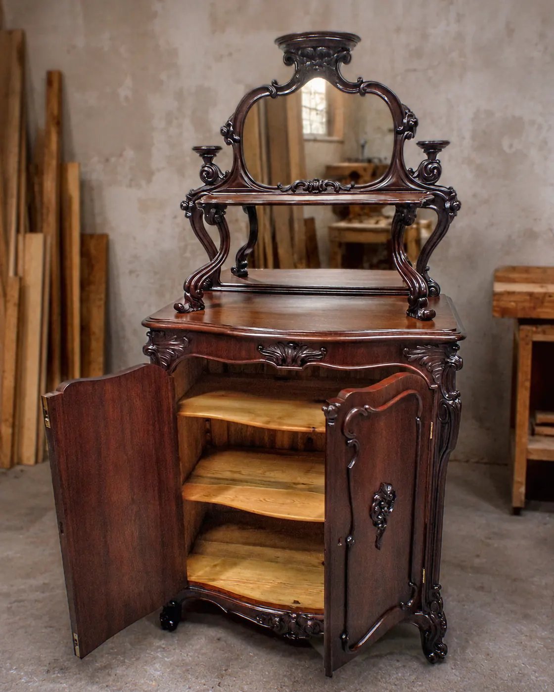 The same étagère with the paint removed, mirror refitted and the carcass French polished