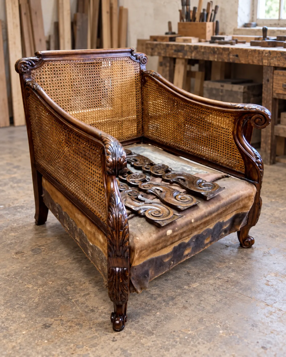 Caned walnut armchair