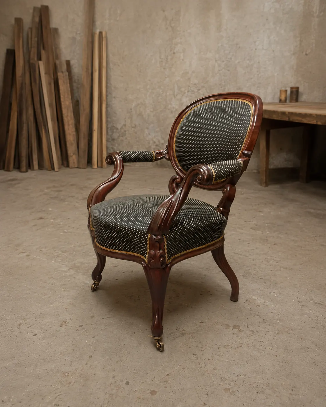 Upholstered medallion-back armchair