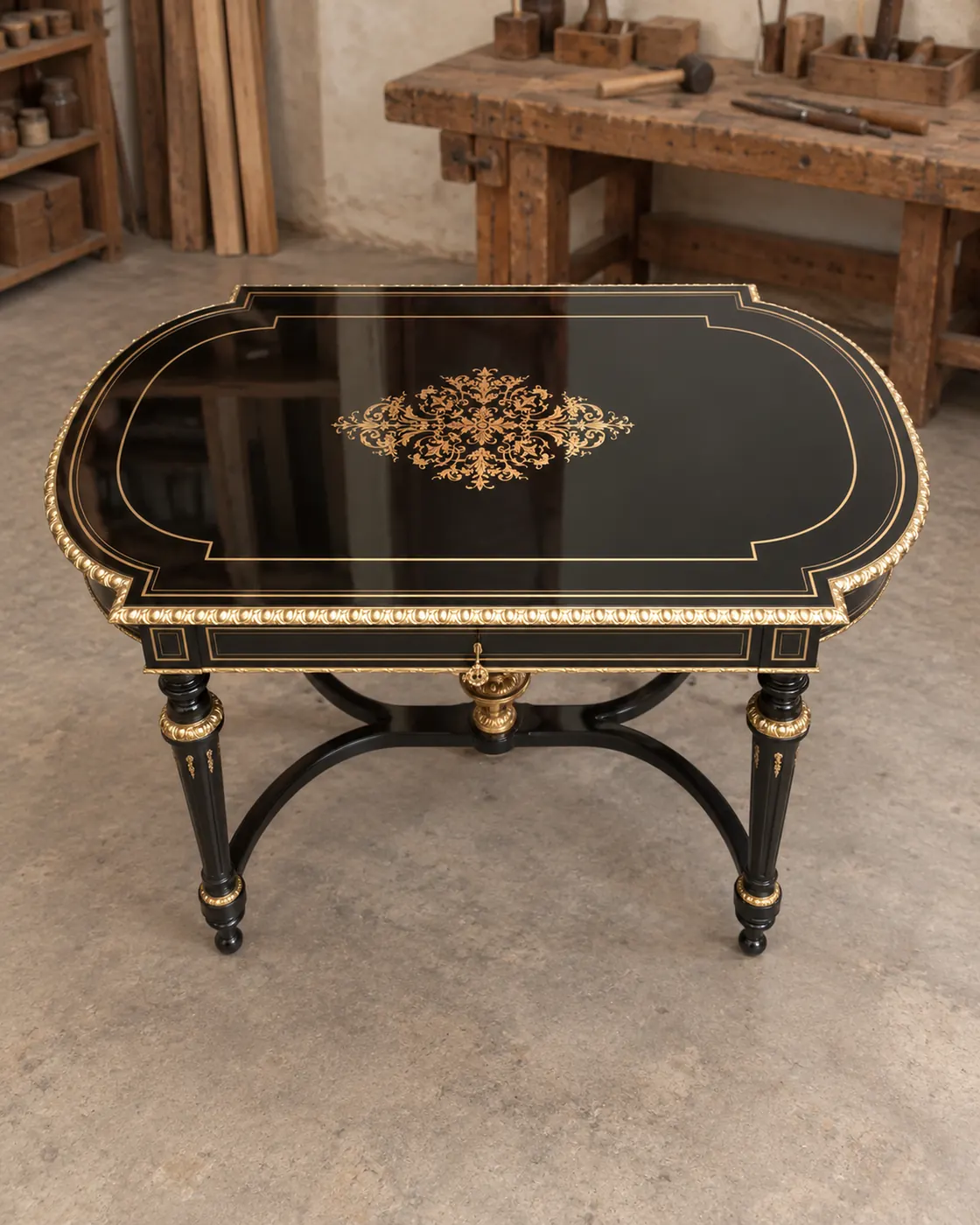 Ebonized brass-inlaid centre table