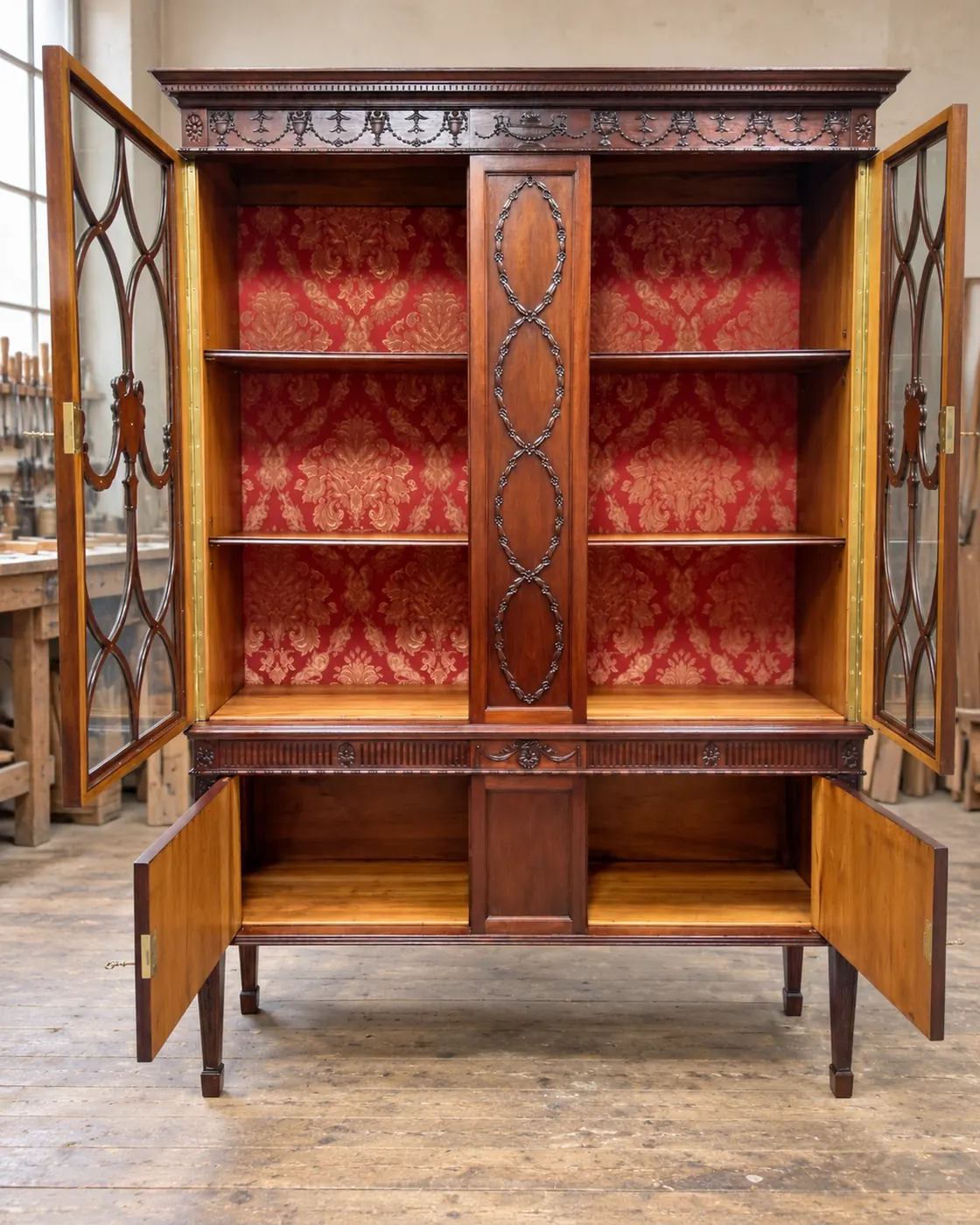 Glazed bookcase with red lining