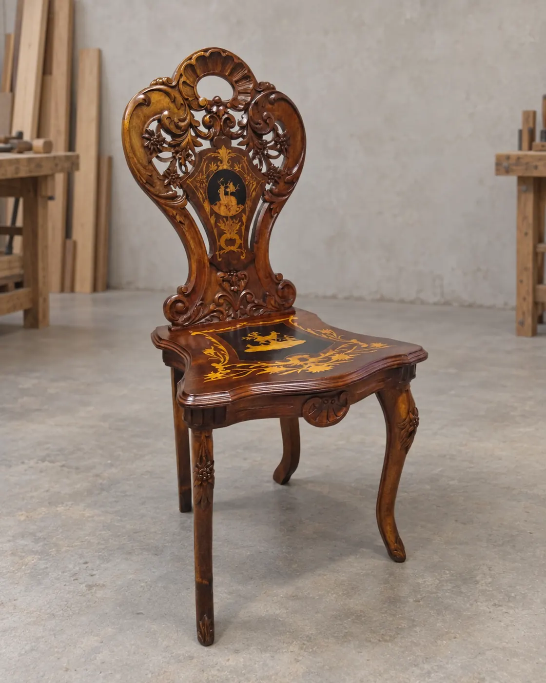 Carved chair with stag marquetry