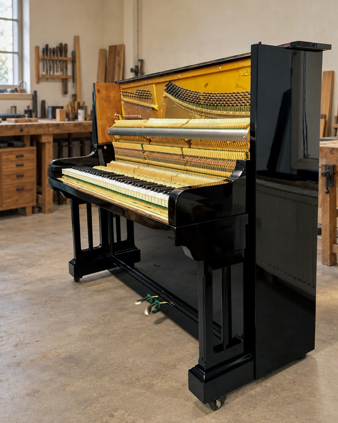 Upright piano with exposed action