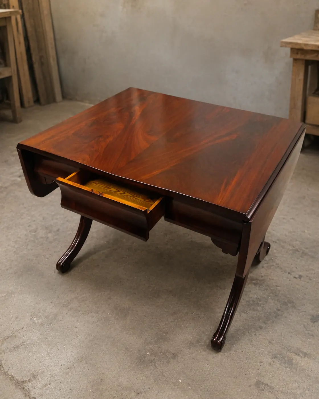 Drop-leaf table with open drawer