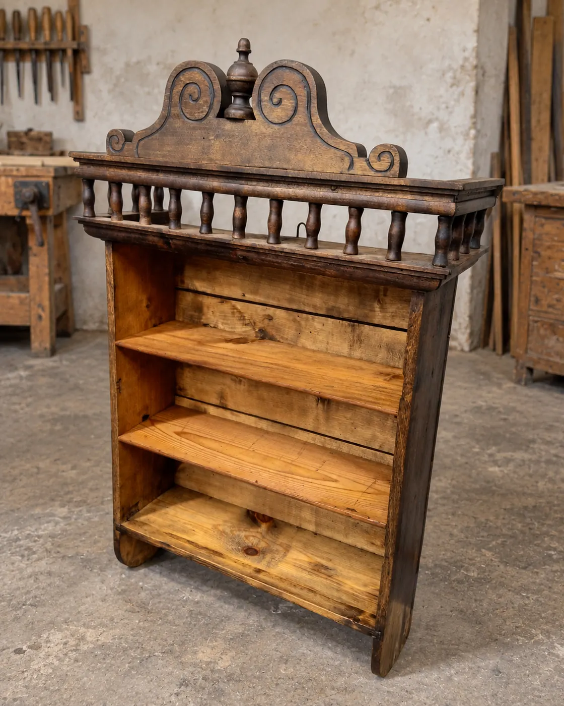 Wall shelf with turned gallery